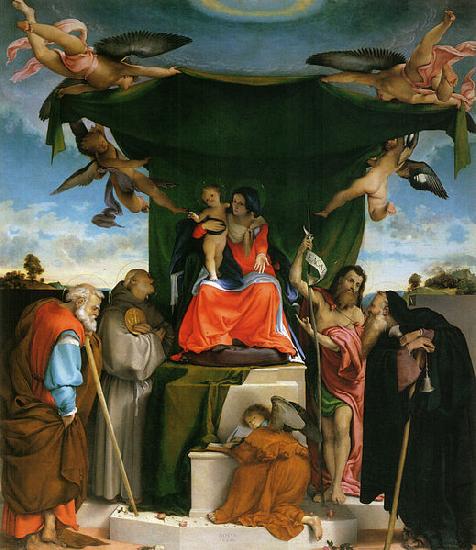 Lorenzo Lotto Thronende Madonna, Engel und Heilige oil painting image